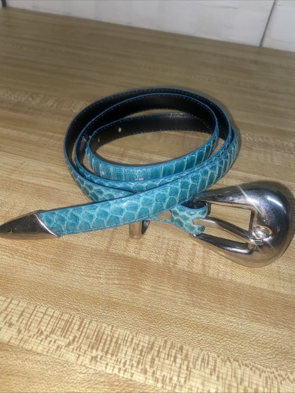80s MZ Of NY Silver Buckle Teal Reptile Snakeskin 1/2" Leather Skinny Belt Sz 30